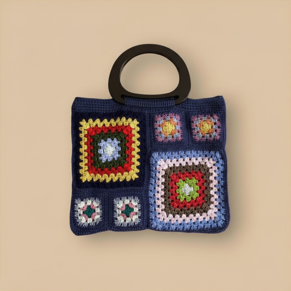 Bolso Mano Crochet Granny Square Azul Marino Asa Madera
