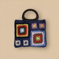 Bolso Mano Crochet Granny Square Azul Marino Asa Madera