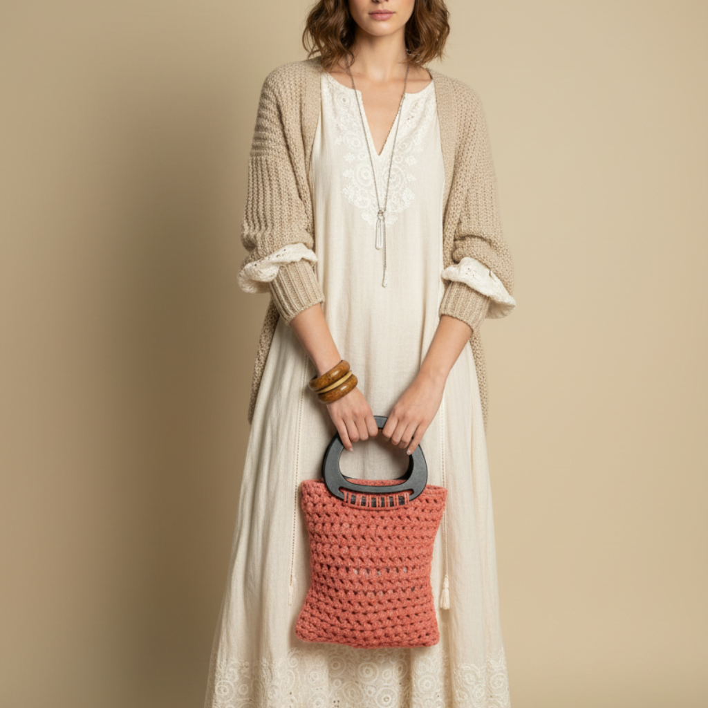 Bolso Mano Crochet Rosa Coral Asa Madera