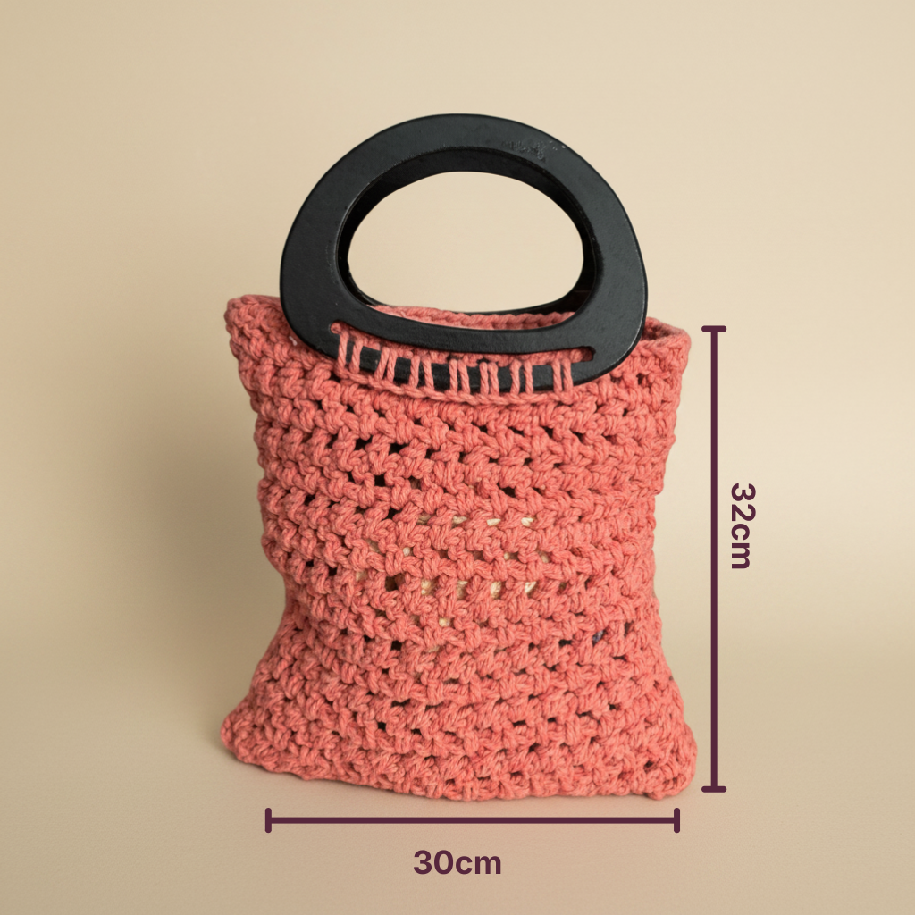 Bolso Mano Crochet Rosa Coral Asa Madera