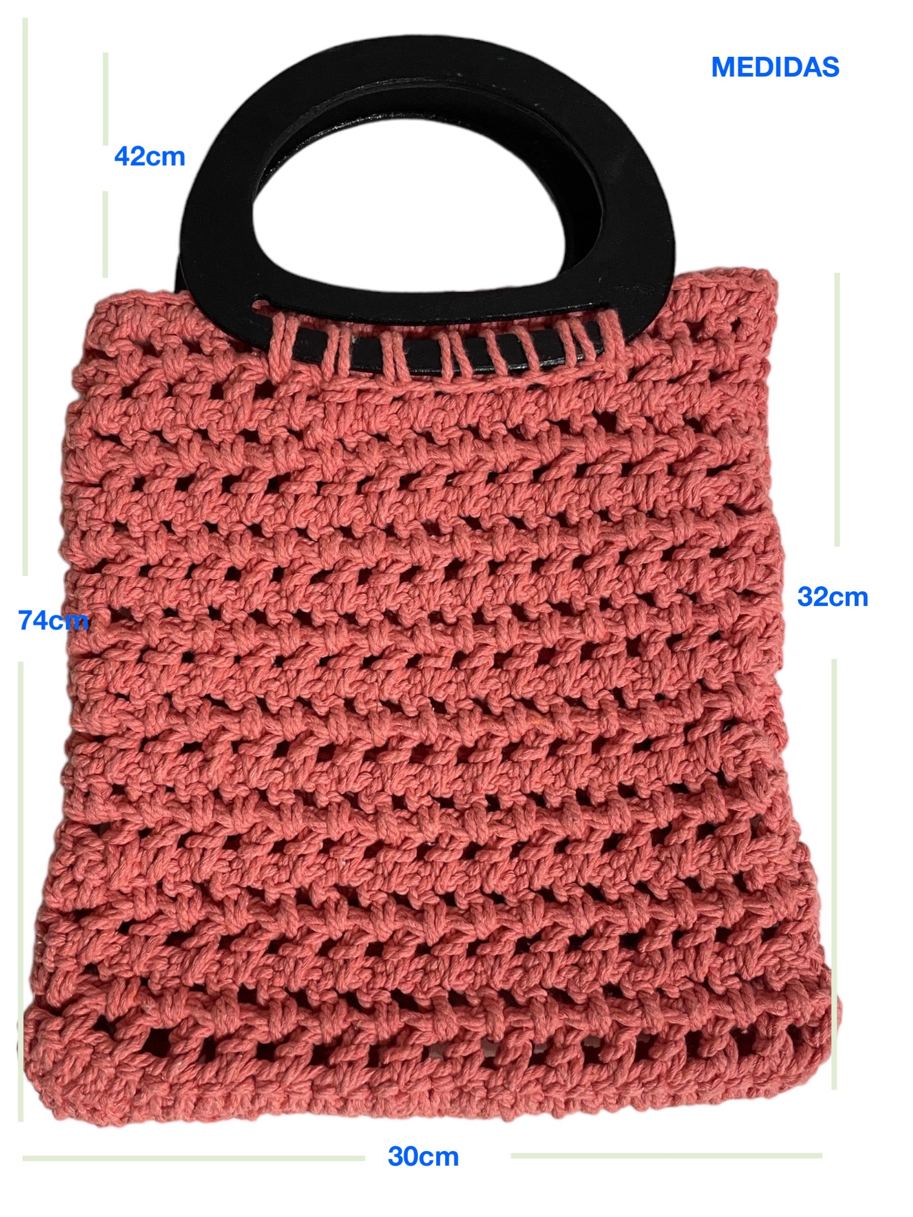 Bolso Mano Crochet Rosa Coral Asa Madera