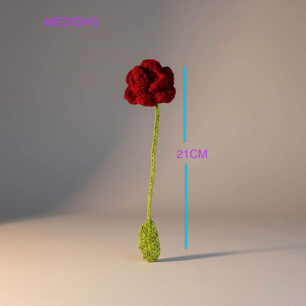 Marca Página tejido a crochet con una rosa roja de hilo