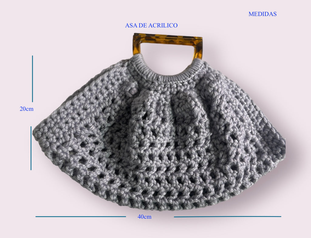 Bolso Mano Crochet Gris Semicircular Asa Acrílico