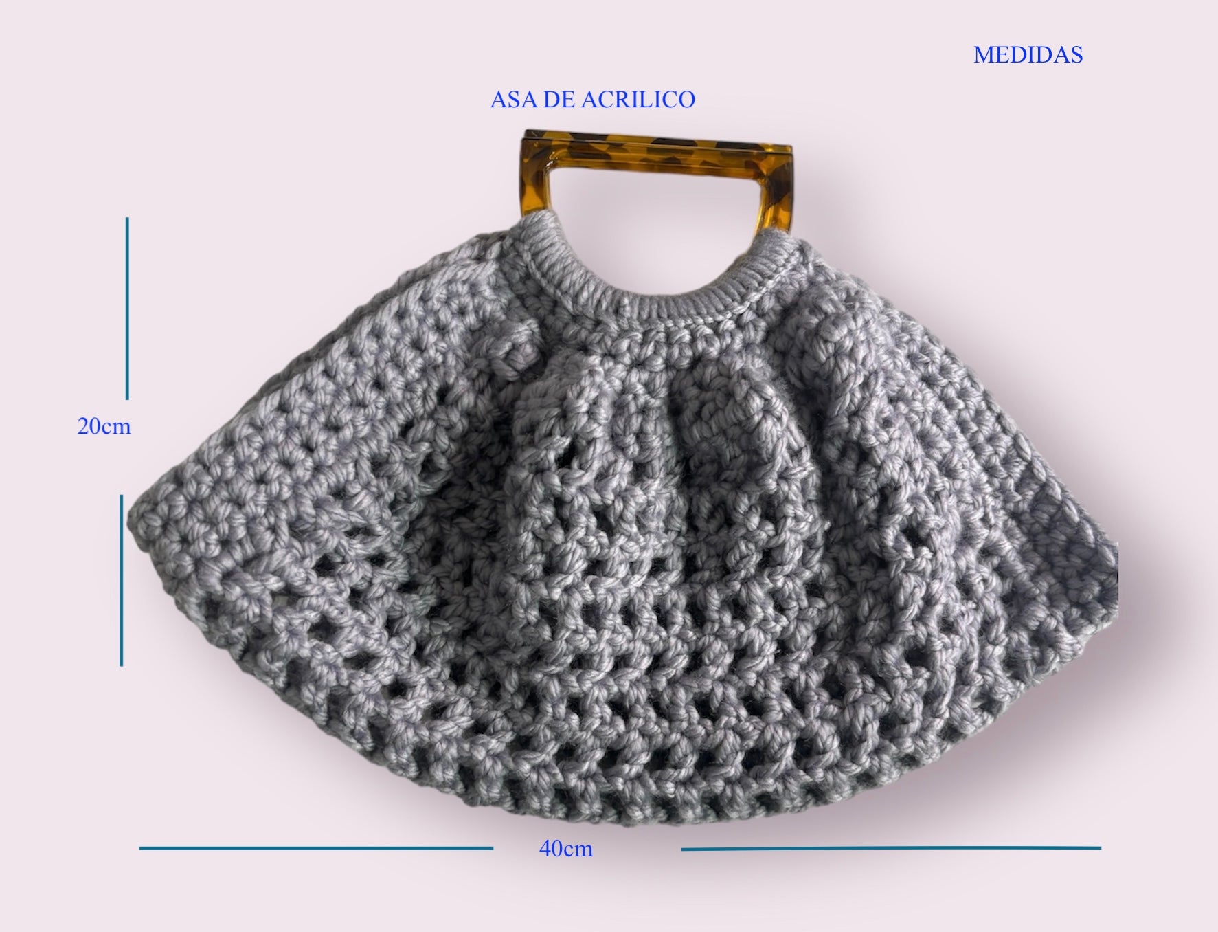 Bolso Mano Crochet Gris Semicircular Asa Acrílico