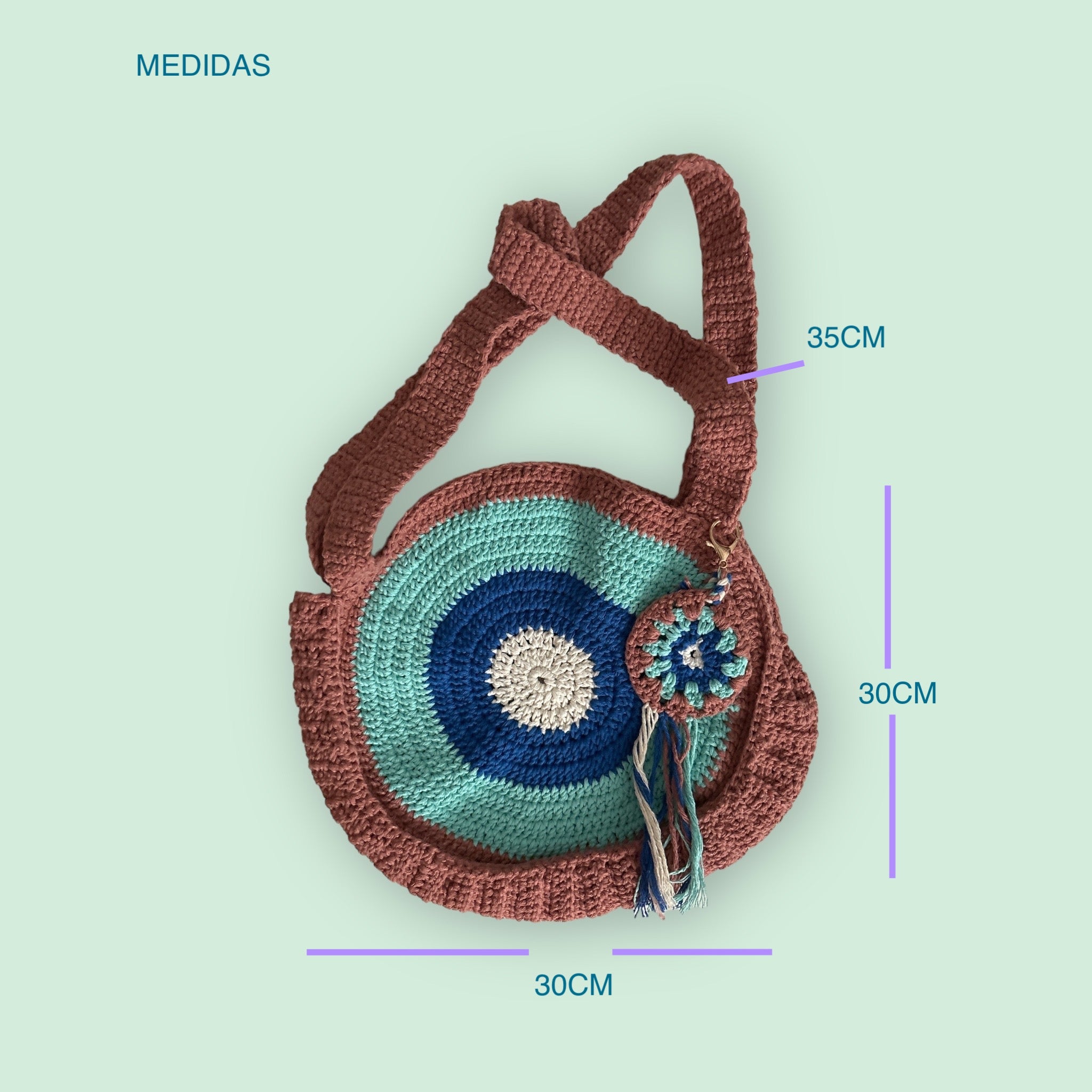 Bolso Cruzado Crochet Circular Turquesa y Marrón