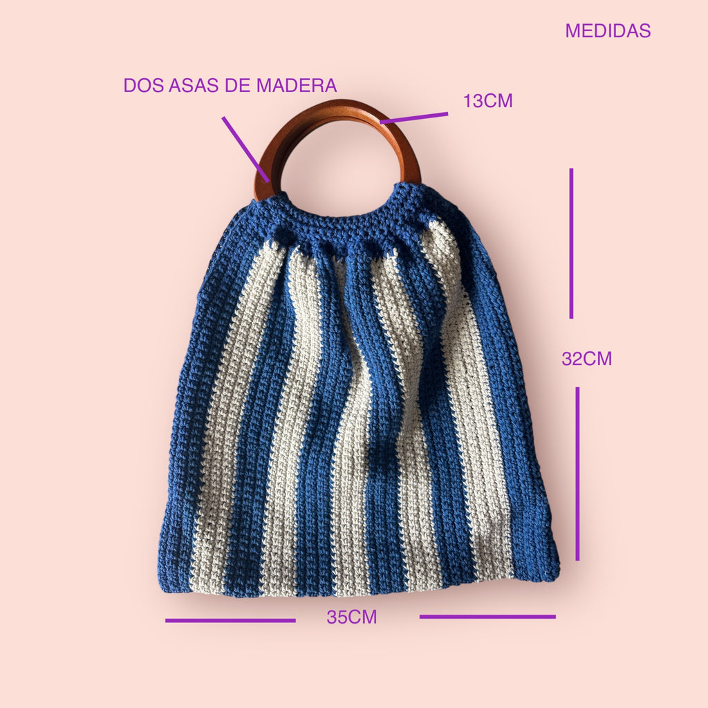 BOLSO TEJIDO A CROCHET DE RAYAS AZUL Y BLANCO