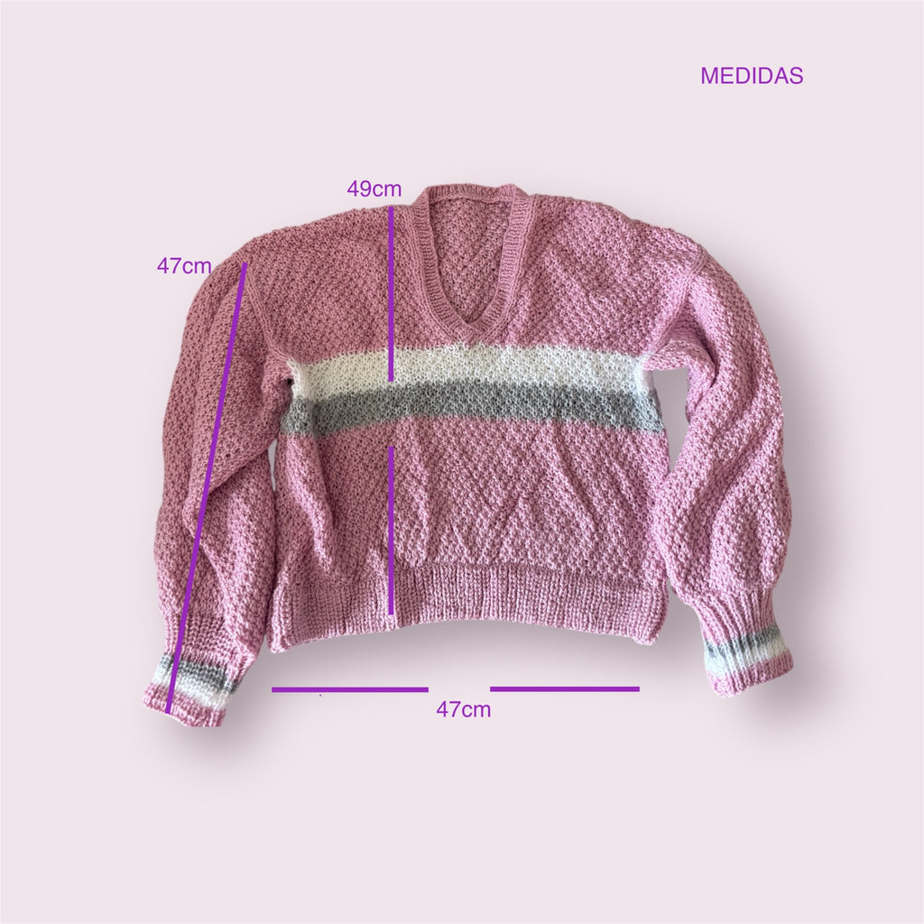 Suéter Crochet Cropped Cuello V Rosa