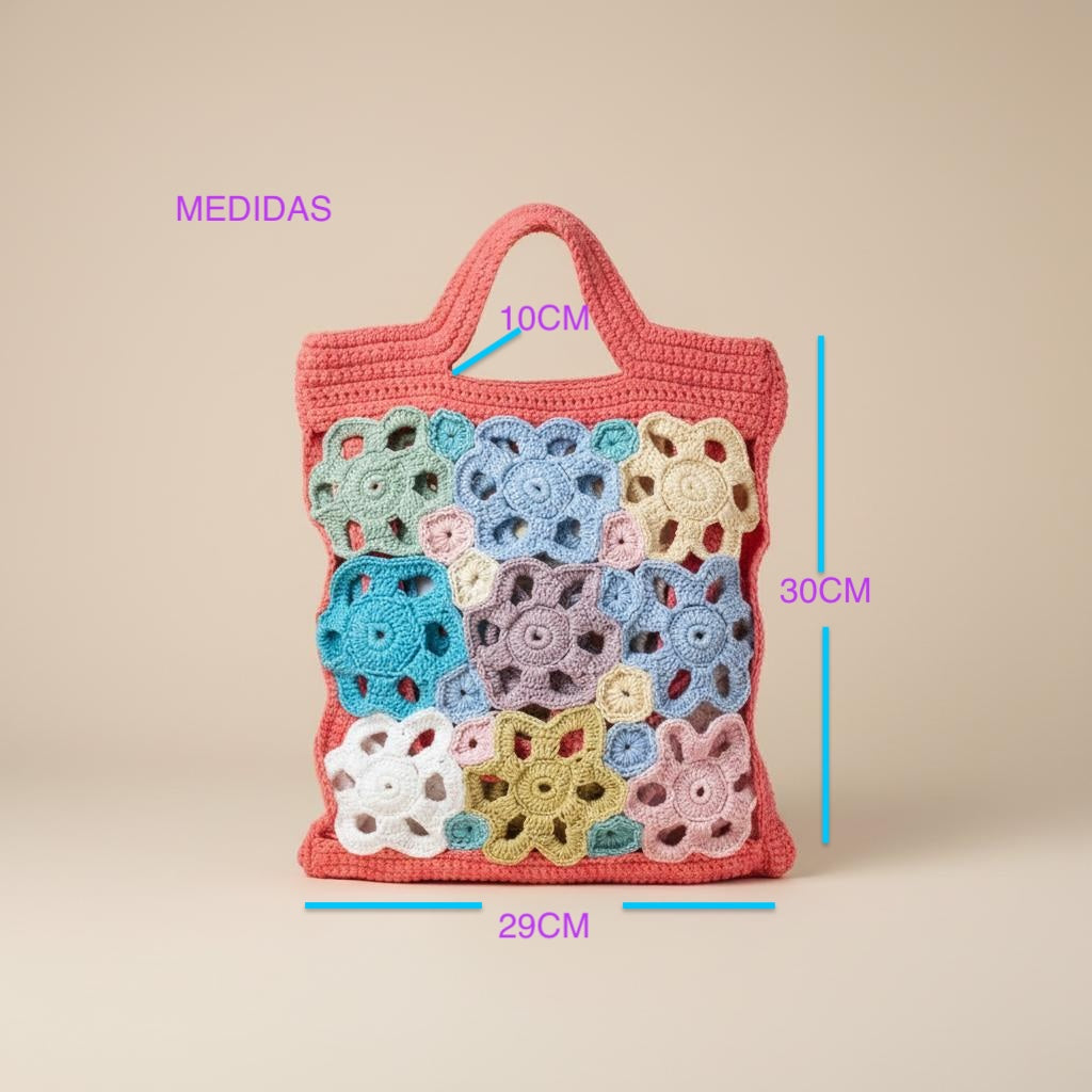 Bolso artesanal de crochet multicolor estilo floral