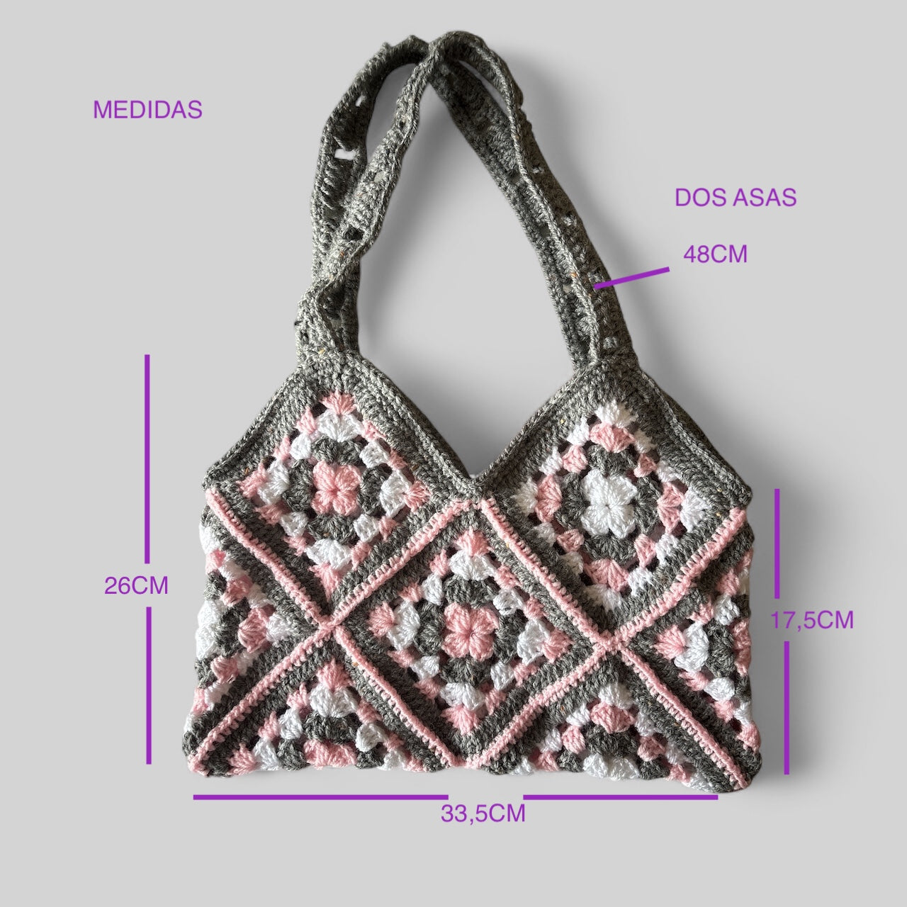 Bolso Mano Crochet Granny Square Gris y Rosa