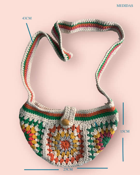 Bolso Cruzado Crochet Granny Square Botón Madera