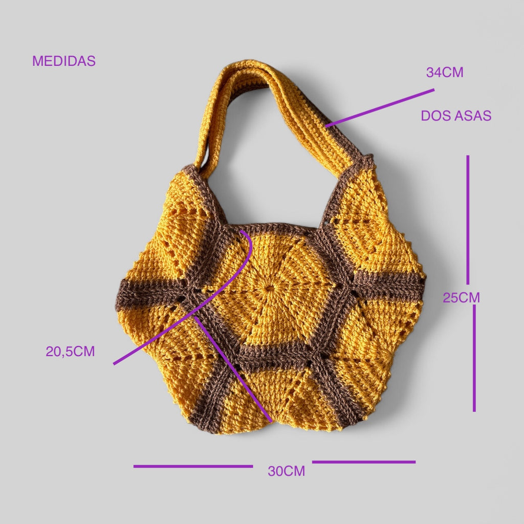 Bolso artesanal de crochet en tonos mostaza y marrón, estilo boho hecho a mano