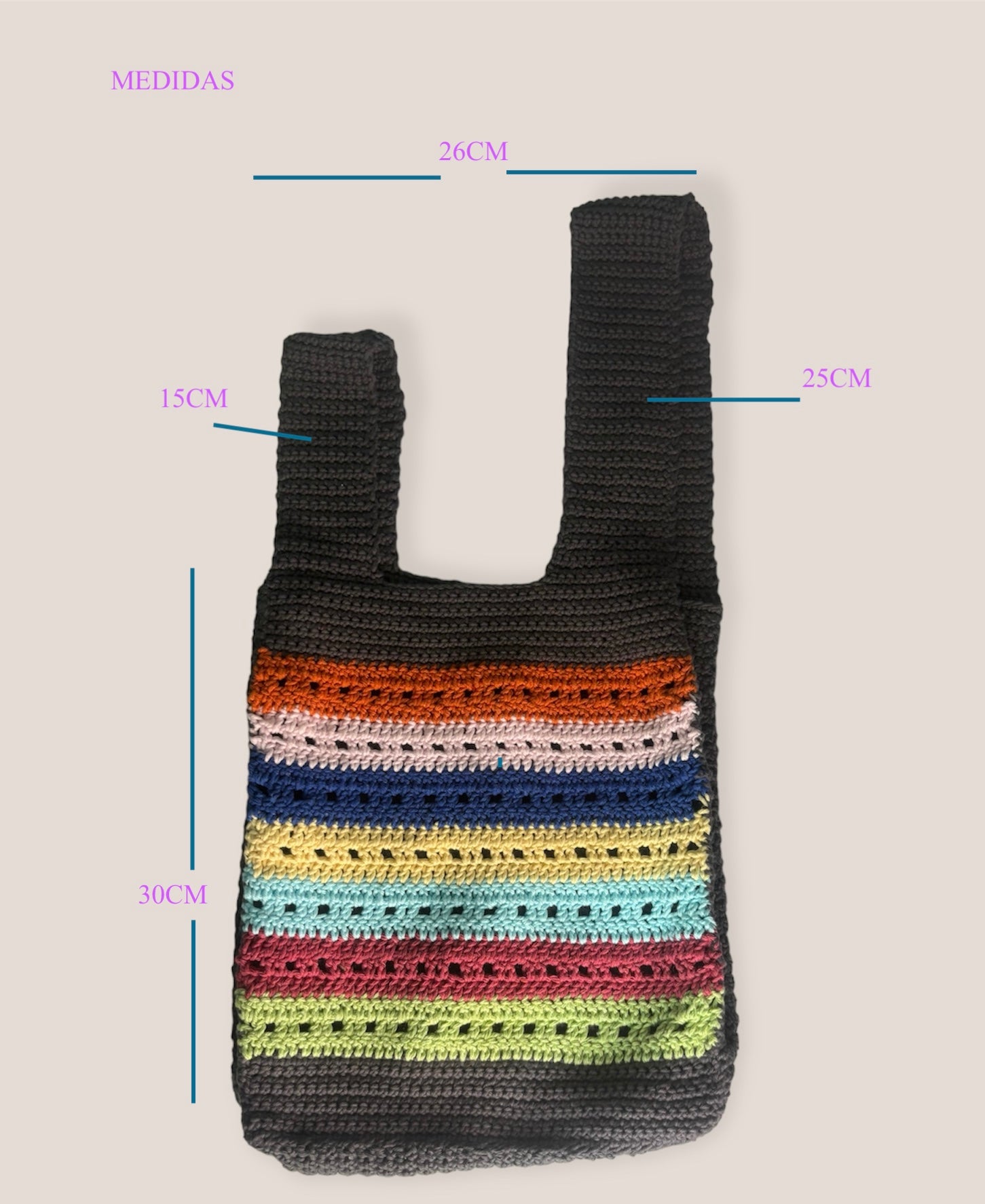 BOLSO TEJIDO A CROCHET BASE GRIS CON COLORINES
