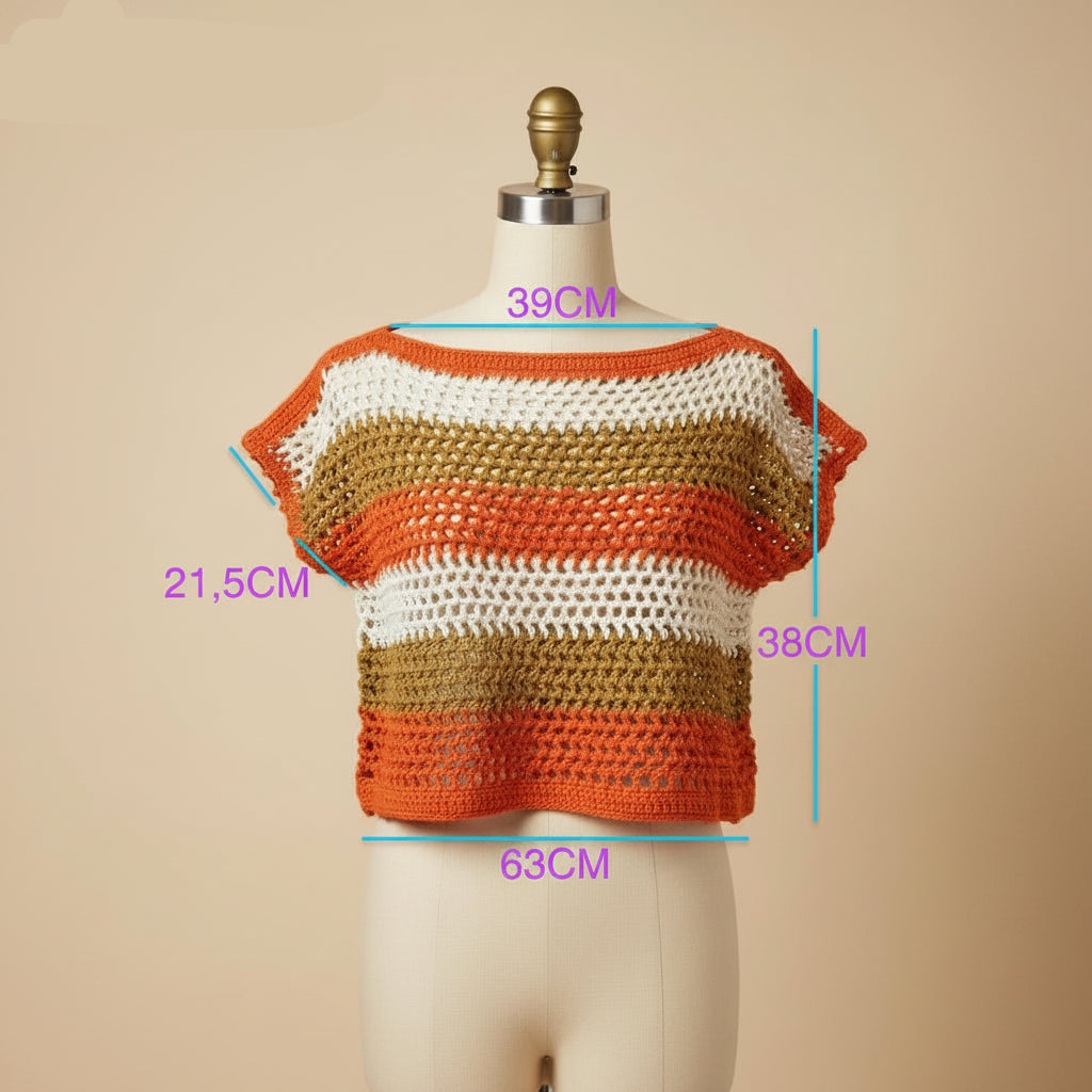 Jersey calado de Hilo de algodón a rayas tricolor hecho a mano a crochet