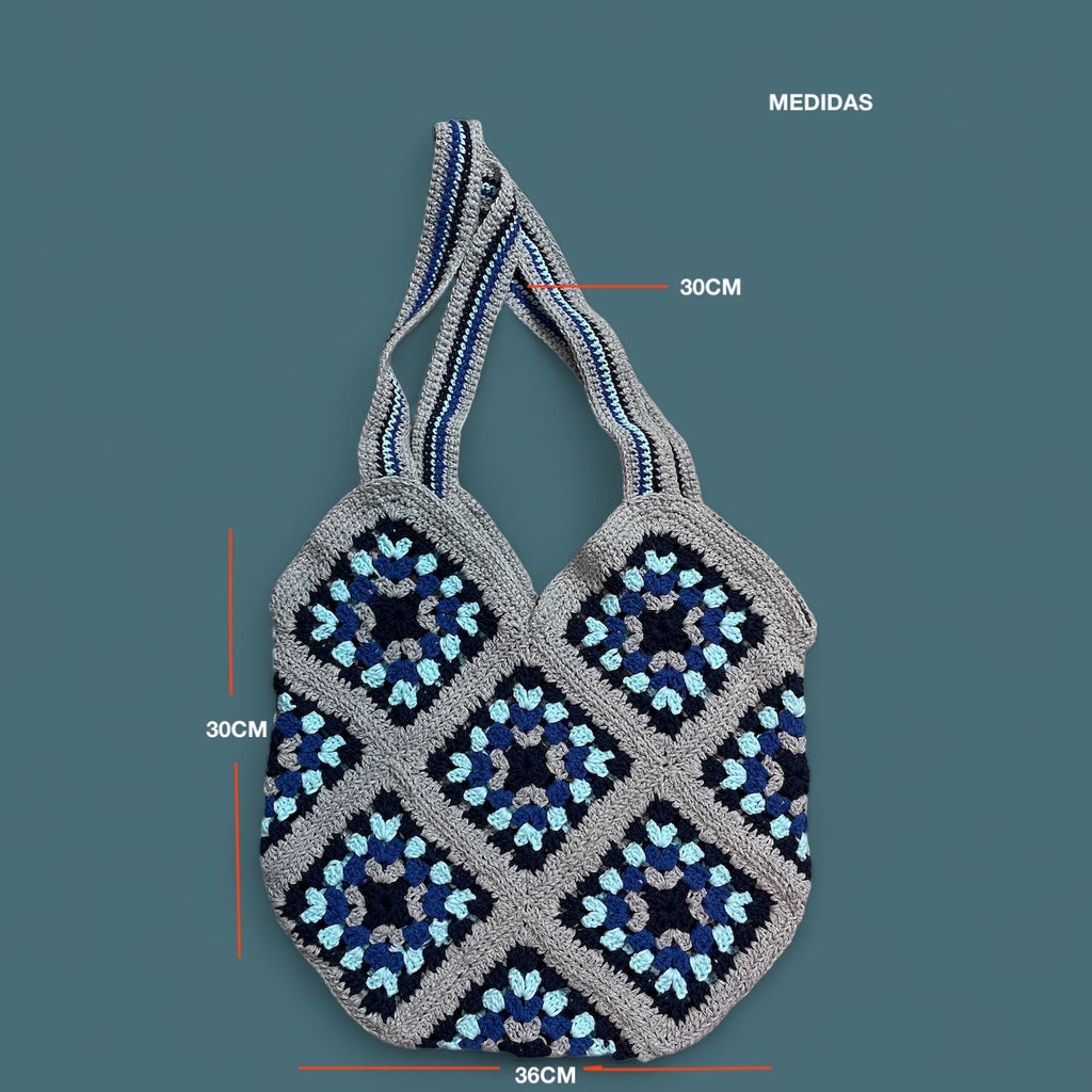 Bolso Hombro Crochet Granny Square Azul y Gris