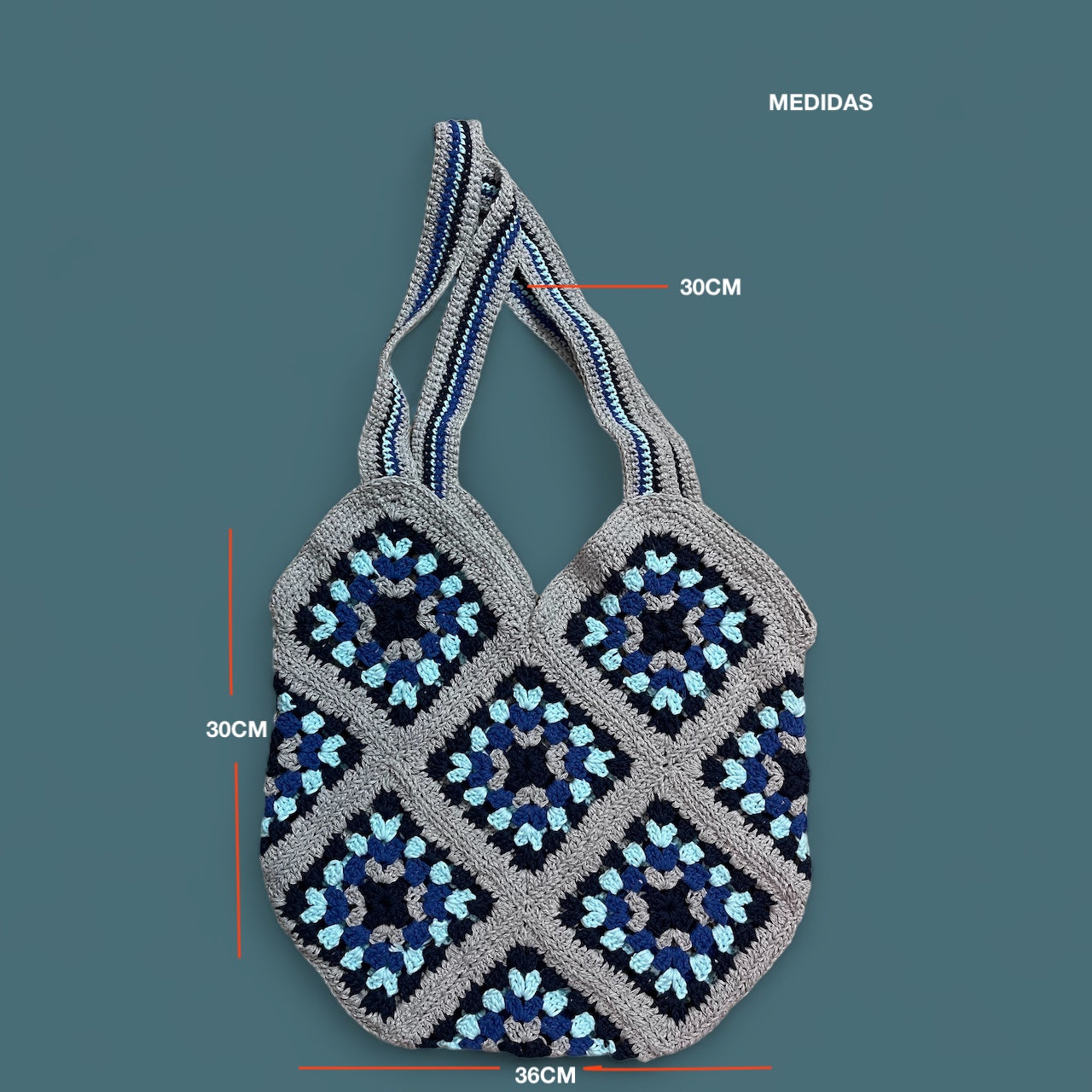 Bolso Hombro Crochet Granny Square Azul y Gris