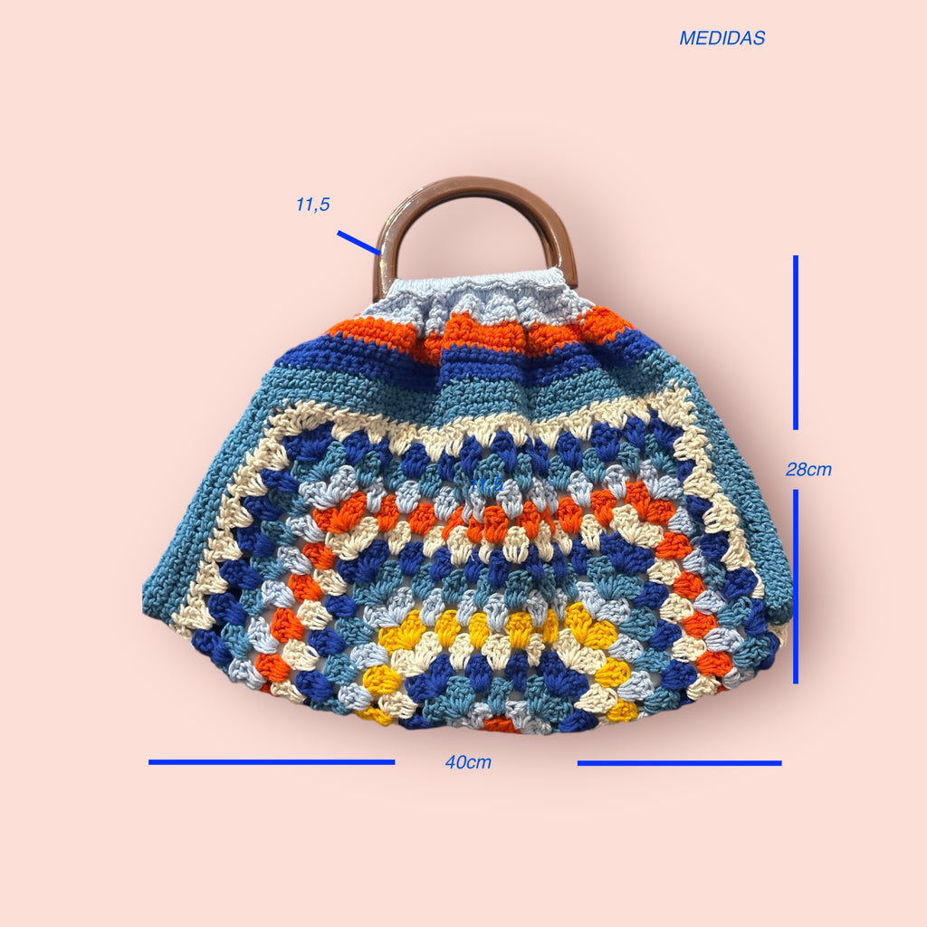 Bolso Mano Crochet Granny Square Asa Madera