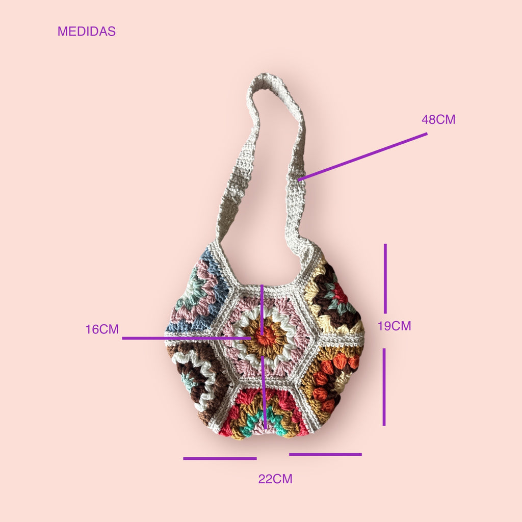 Bolso Hombro Crochet Hexagonal con Flores Boho