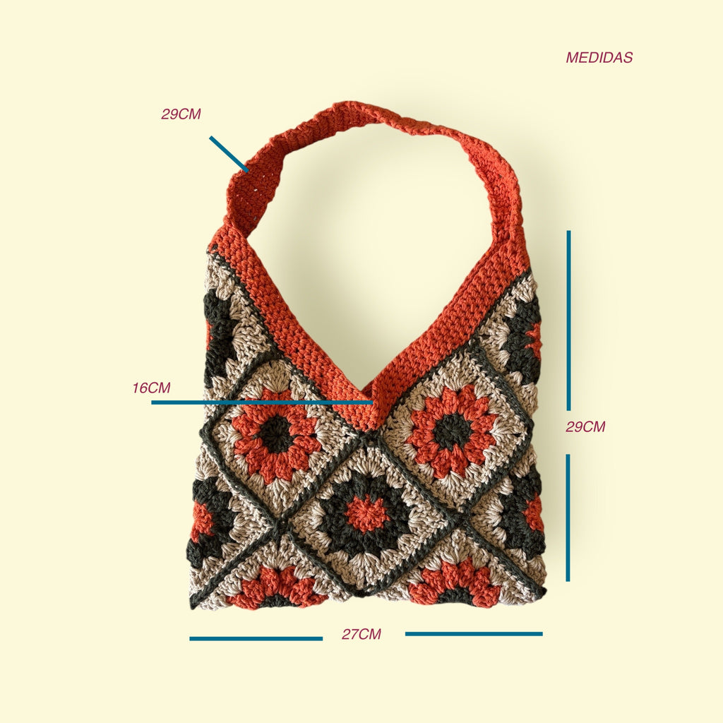 Bolso Hombro Crochet Granny Square Coral y Gris