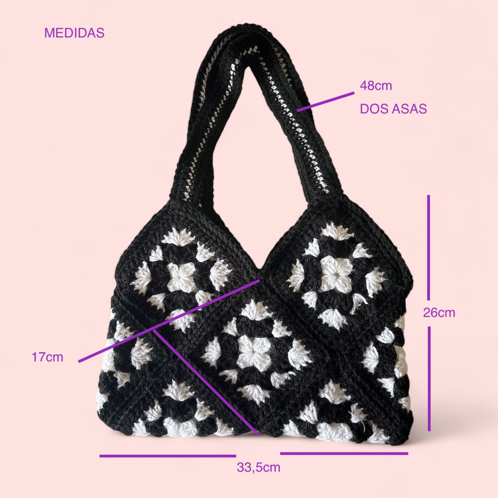 Bolso Hombro Crochet Granny Square Negro con Flores