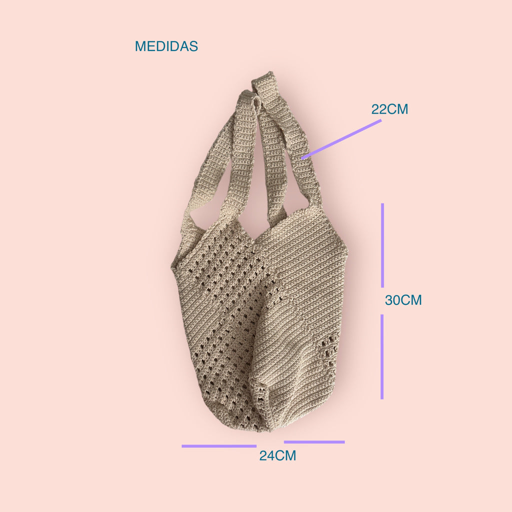 BOLSO TEJIDO A CROCHET COLOR CRUDO PUNTO CALADO DOBLE ASA