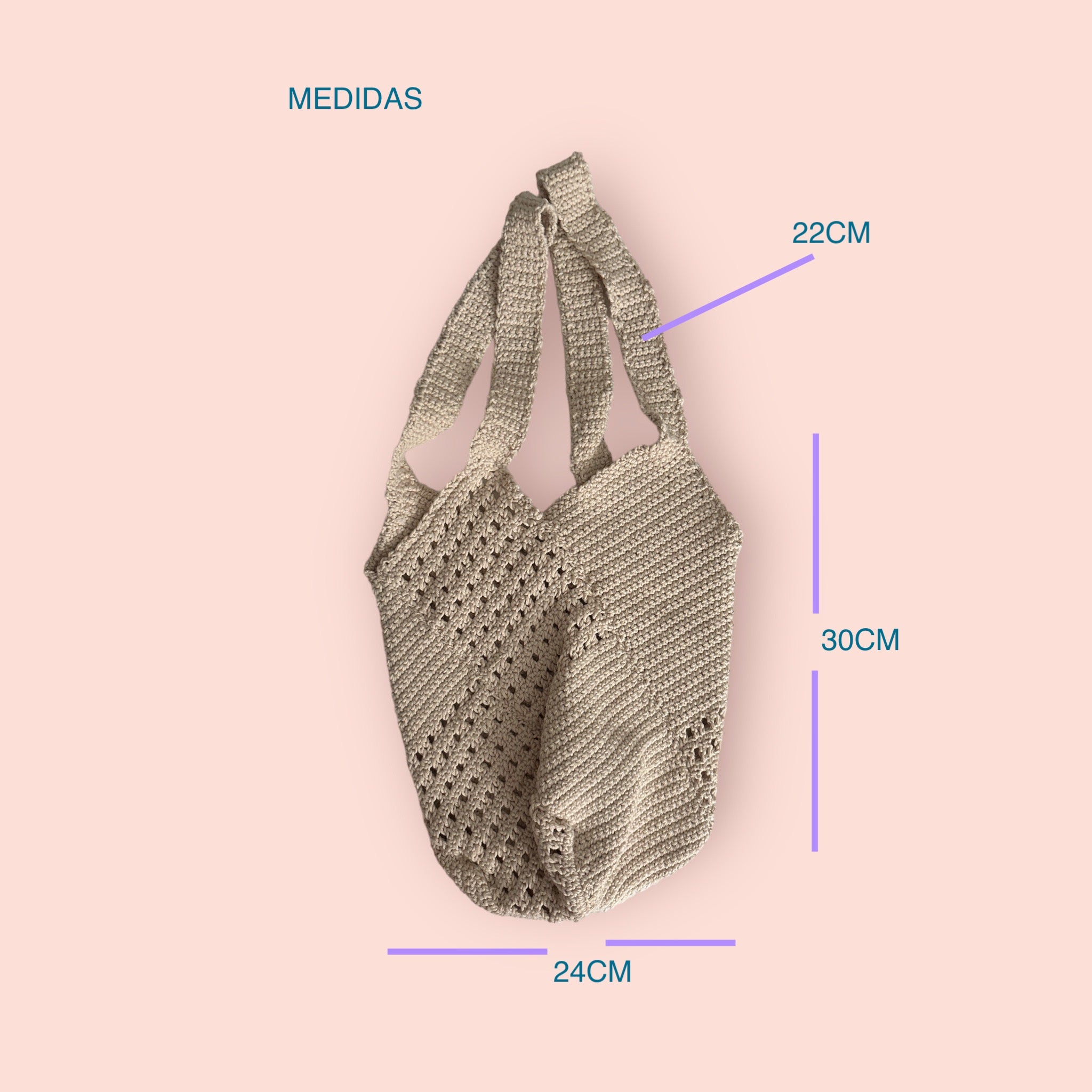BOLSO TEJIDO A CROCHET COLOR CRUDO PUNTO CALADO DOBLE ASA