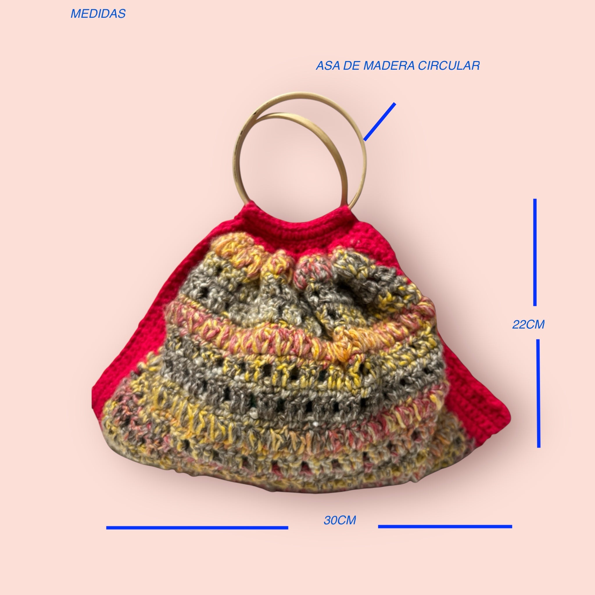 Bolso Mano Crochet Rojo Asa Bambú