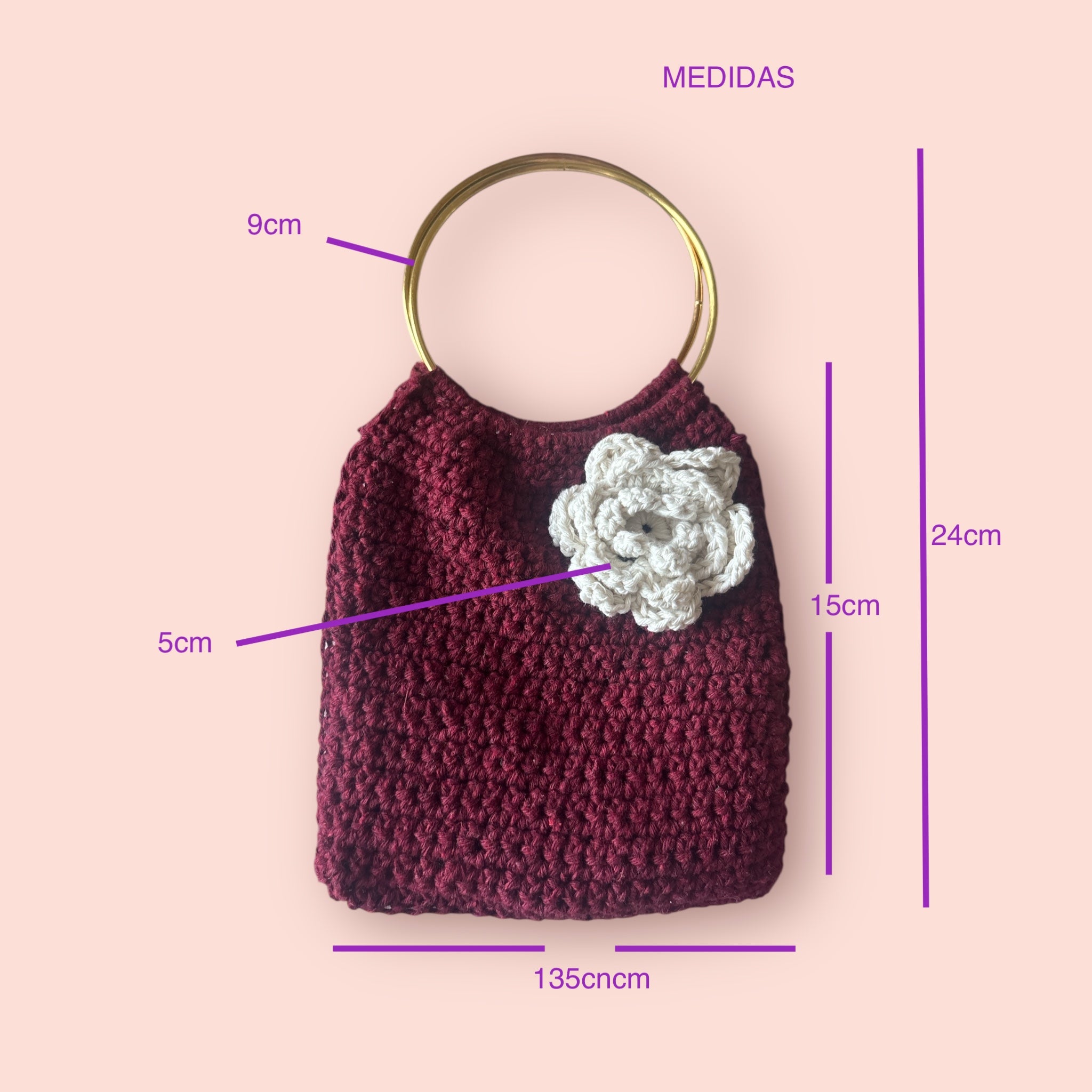 Bolso Mano Crochet Burgundy Flor Crema Anillo Dorado