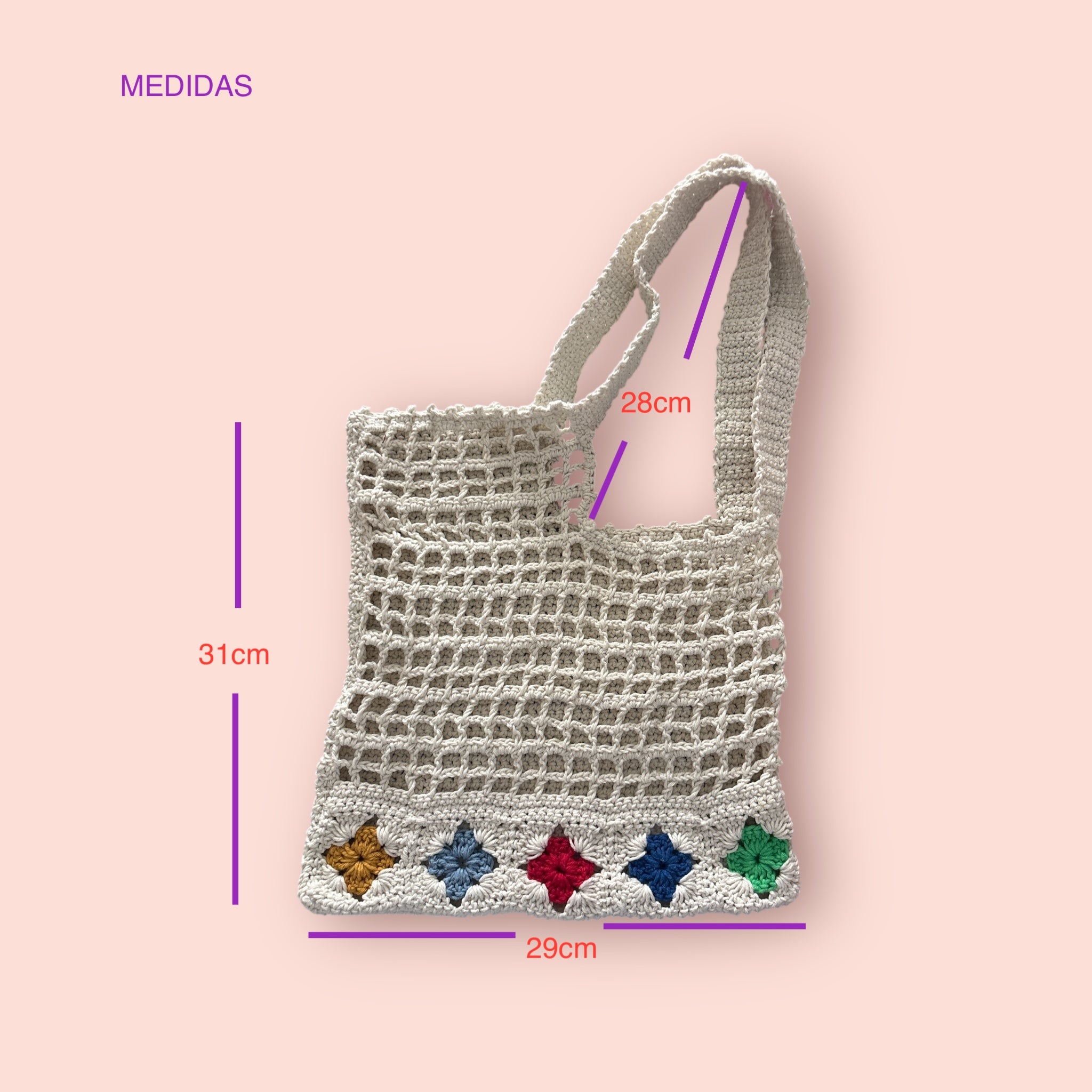 BOLSO TEJIDO A CROCHET COLOR CRUDO CON ESTRELLAS DE COLORES