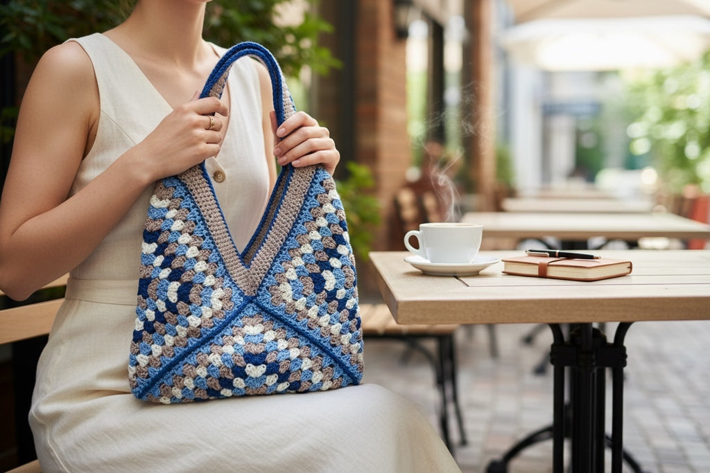 Bolso Playa Crochet Granny Square Azul y Beige