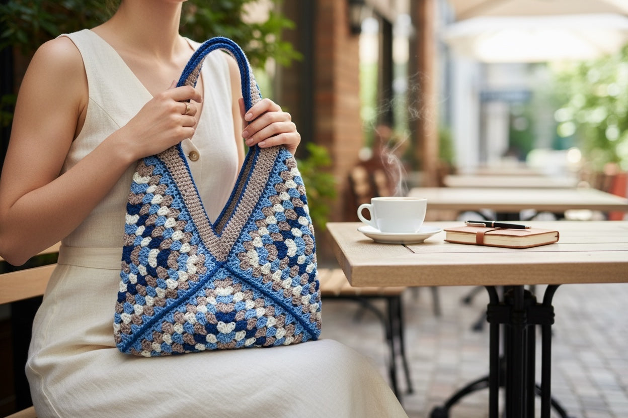Bolso Playa Crochet Granny Square Azul y Beige