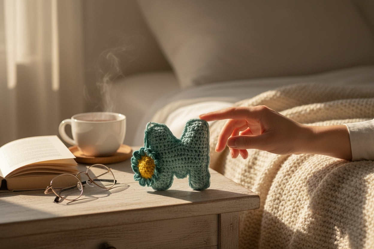 Llavero tejido a crochet letra M color celeste con una flor de decoración
