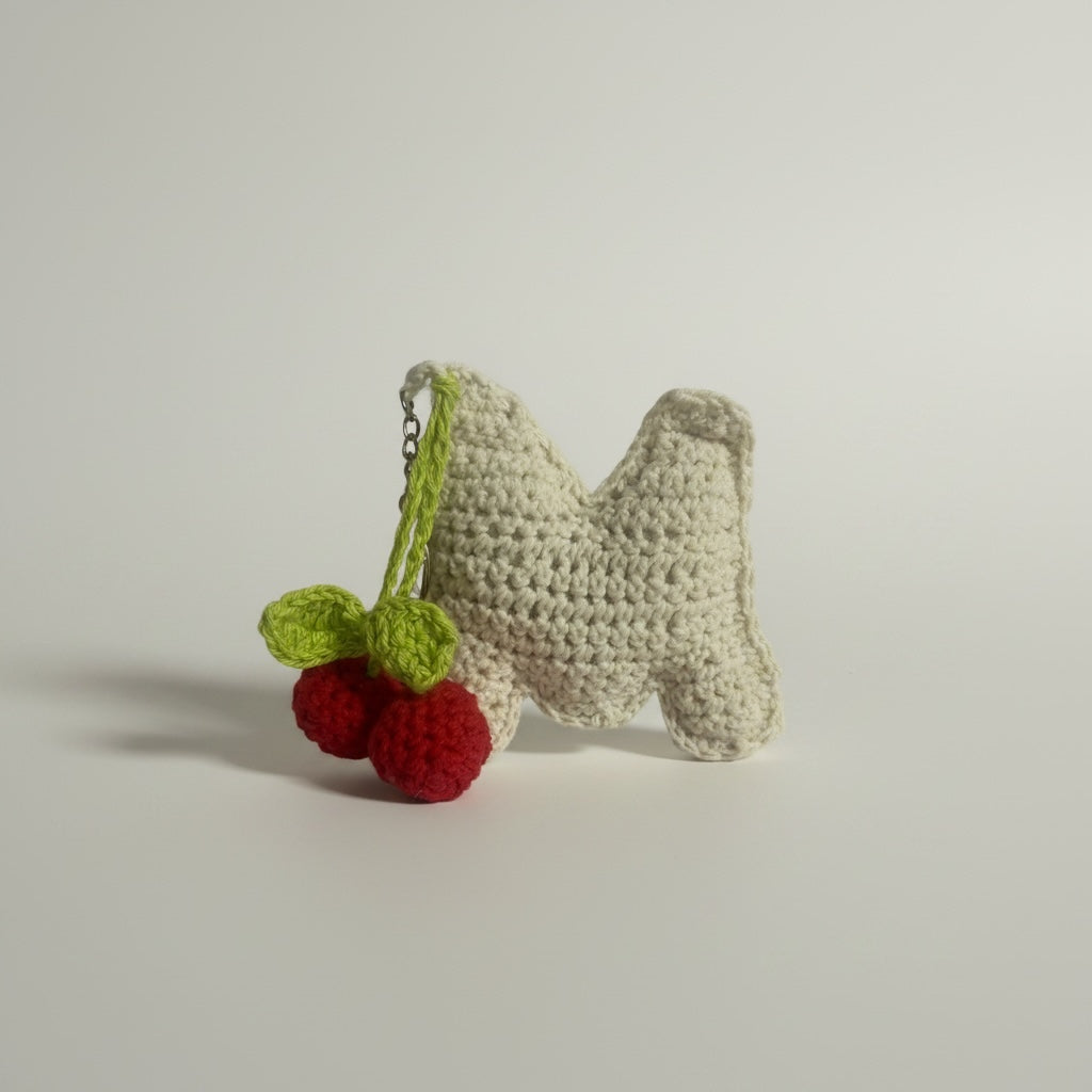 Llavero tejido a crochet letra M. color natural  decoración con un unas cerezas