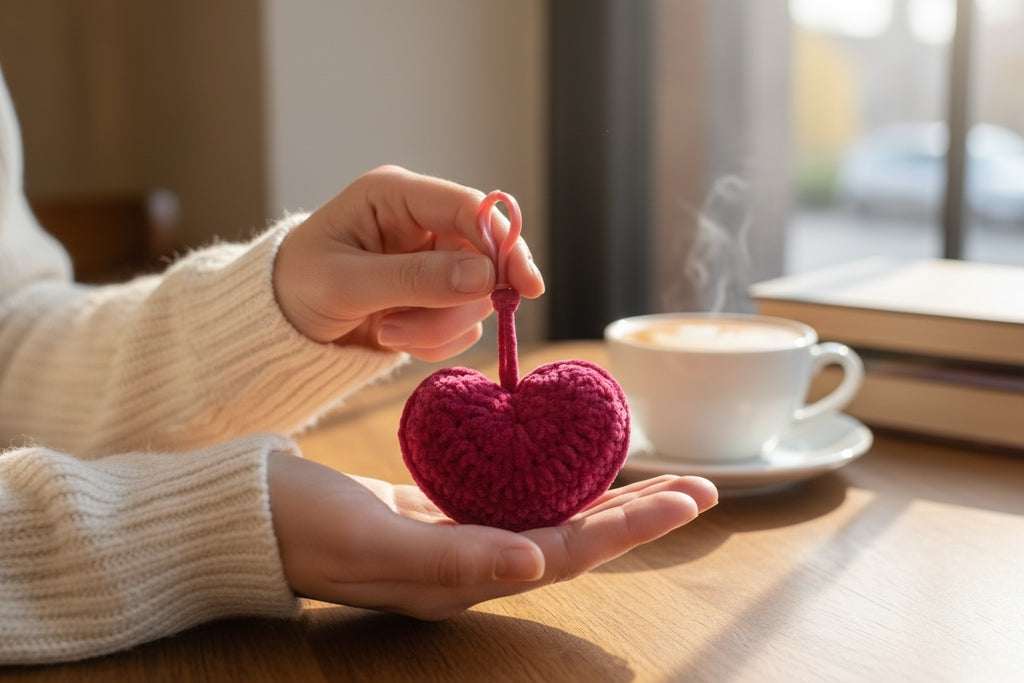 Llavero de  corazón tejido a crochet rojo