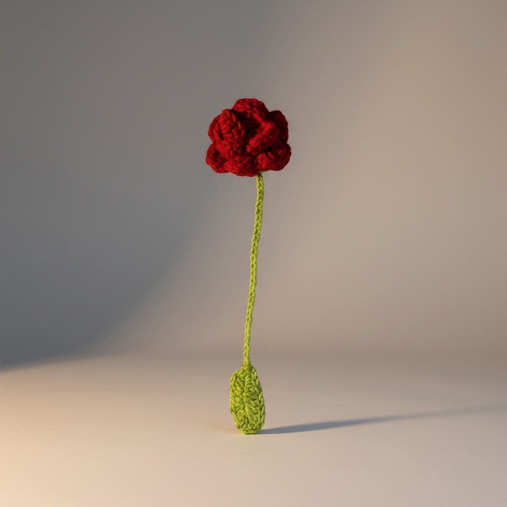 Marca Página tejido a crochet con una rosa roja de hilo