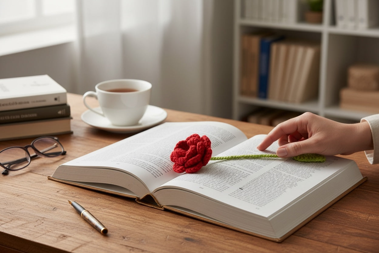 Marca Página tejido a crochet con una rosa roja de hilo