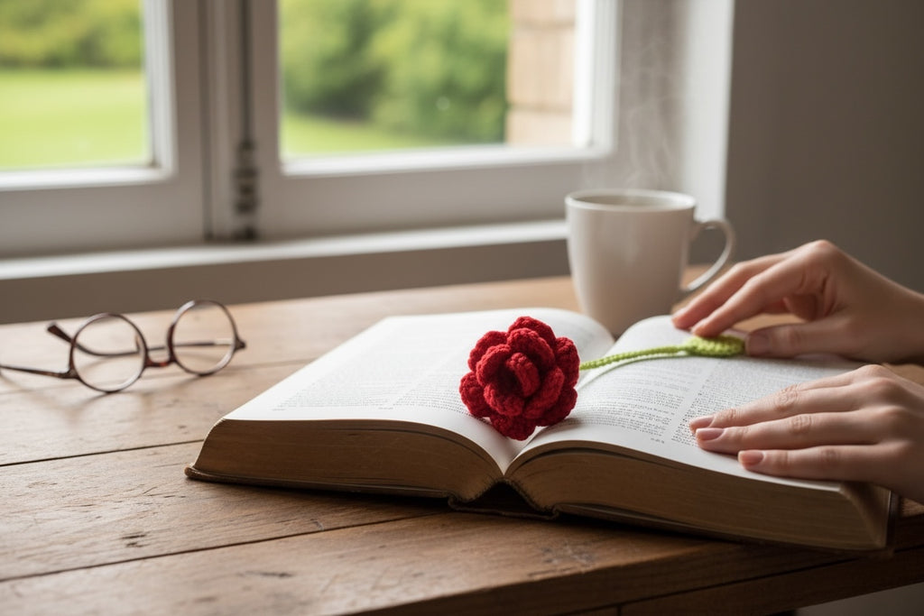 Marca Página tejido a crochet con una rosa roja de hilo