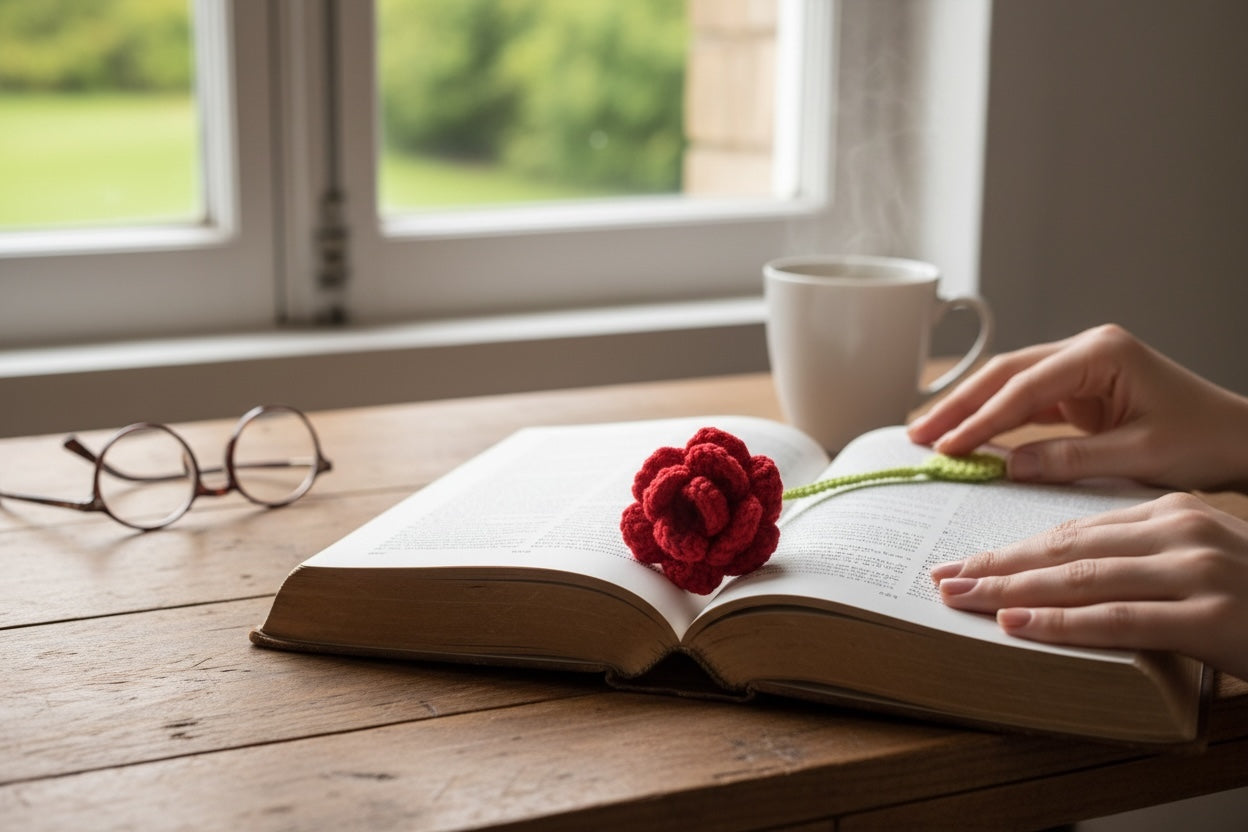 Marca Página tejido a crochet con una rosa roja de hilo