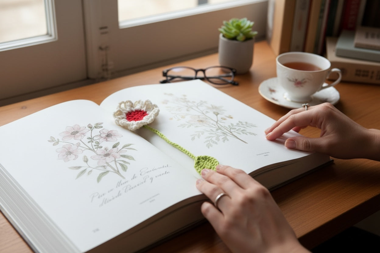 Marca página tejido a crochet diseño flor de hilo
