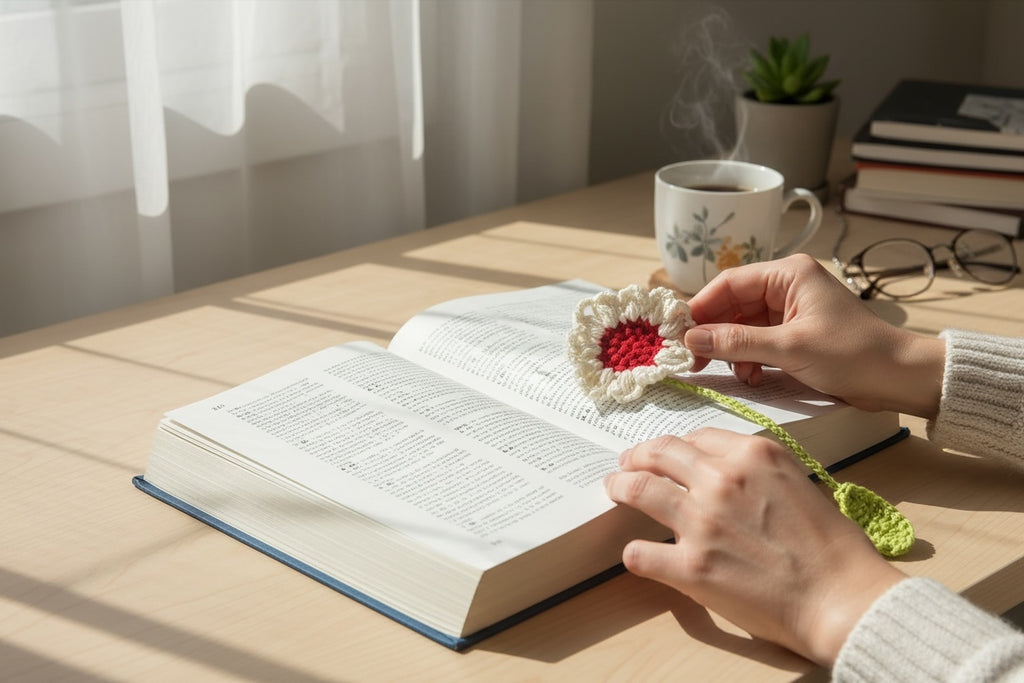 Marca página tejido a crochet diseño flor de hilo