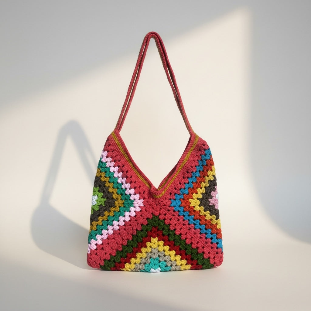 Bolso estilo granny multicolor tejido a crochet