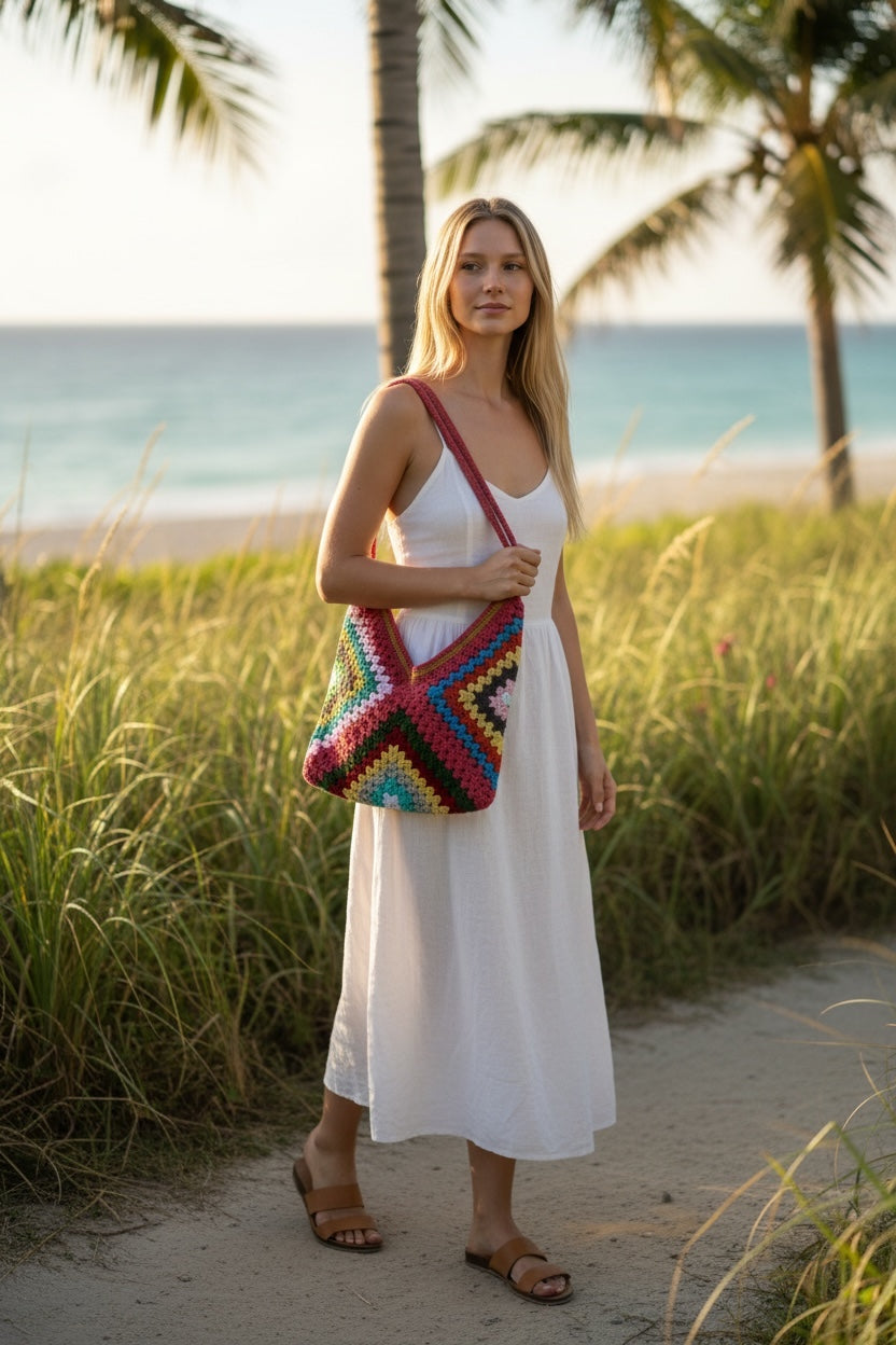 Bolso estilo granny multicolor tejido a crochet