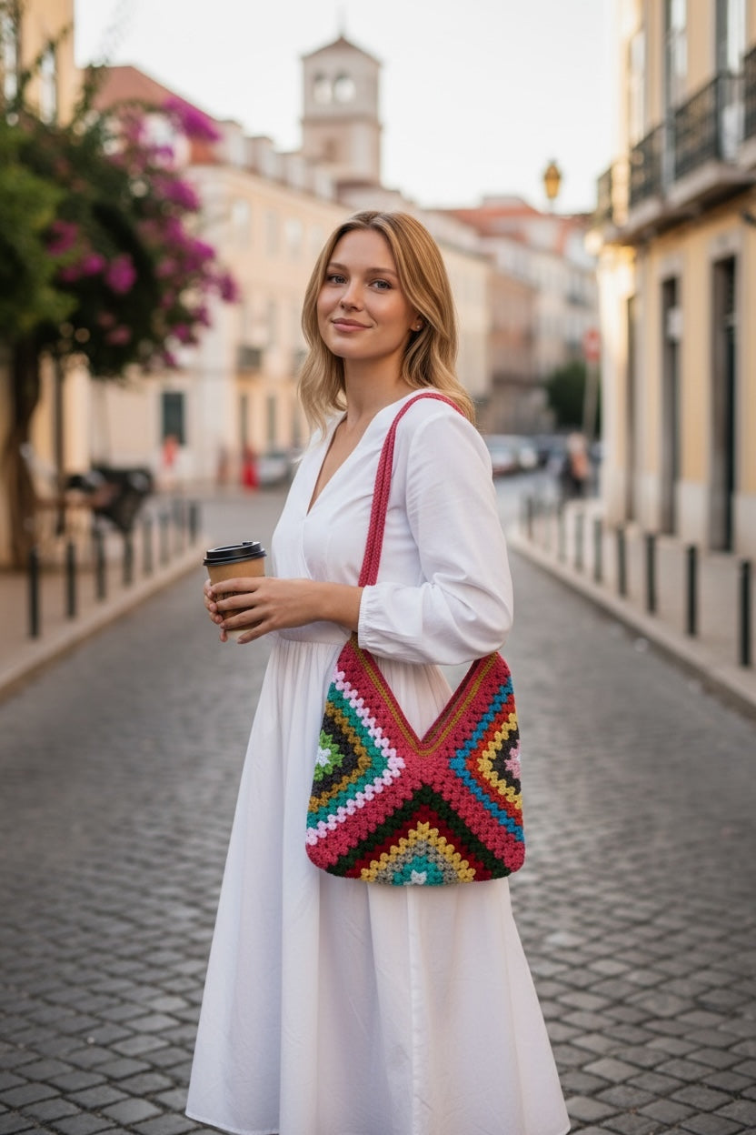 Bolso estilo granny multicolor tejido a crochet