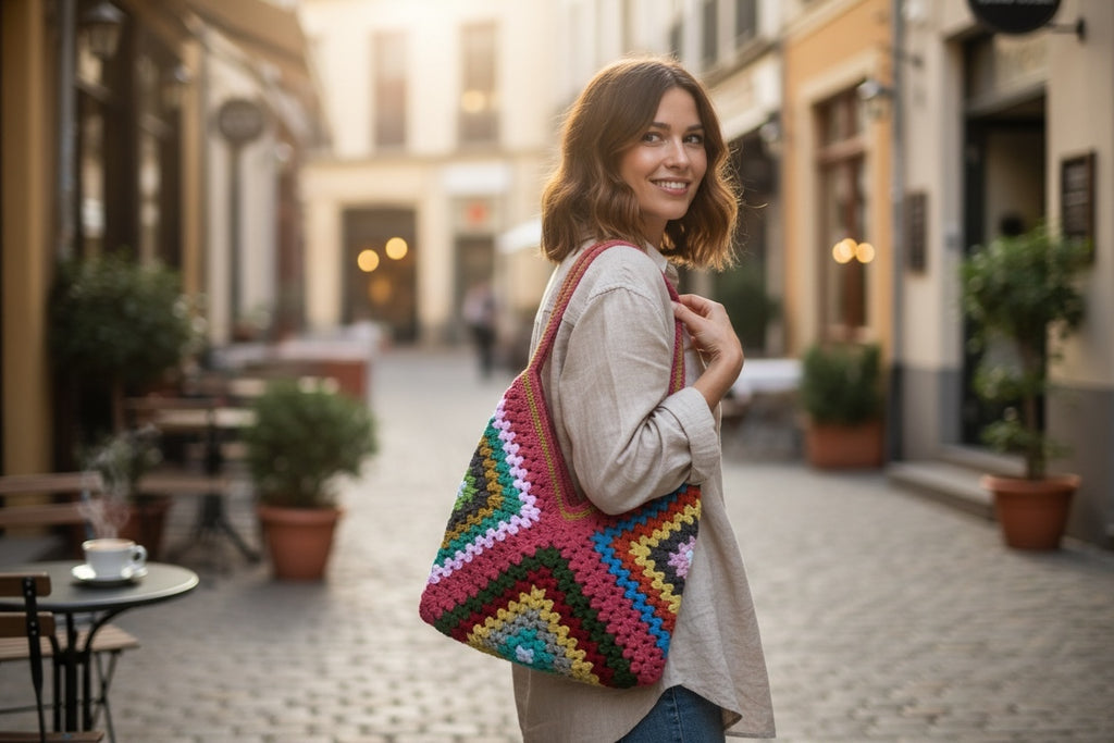 Bolso estilo granny multicolor tejido a crochet