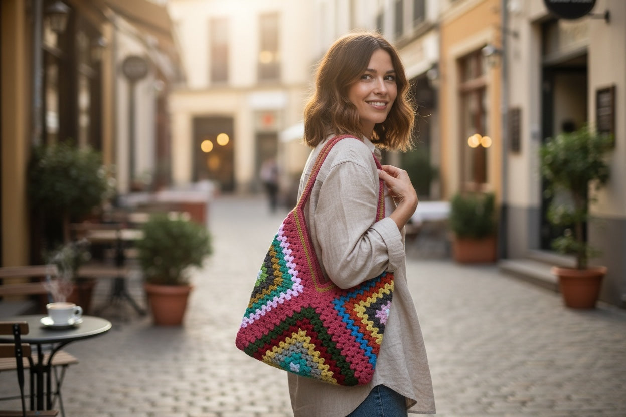 Bolso estilo granny multicolor tejido a crochet