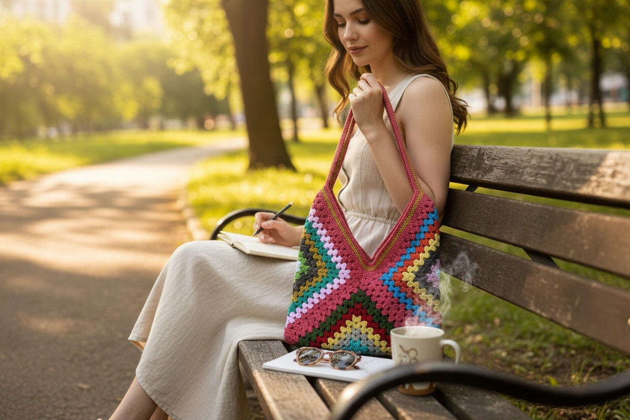 Bolso estilo granny multicolor tejido a crochet