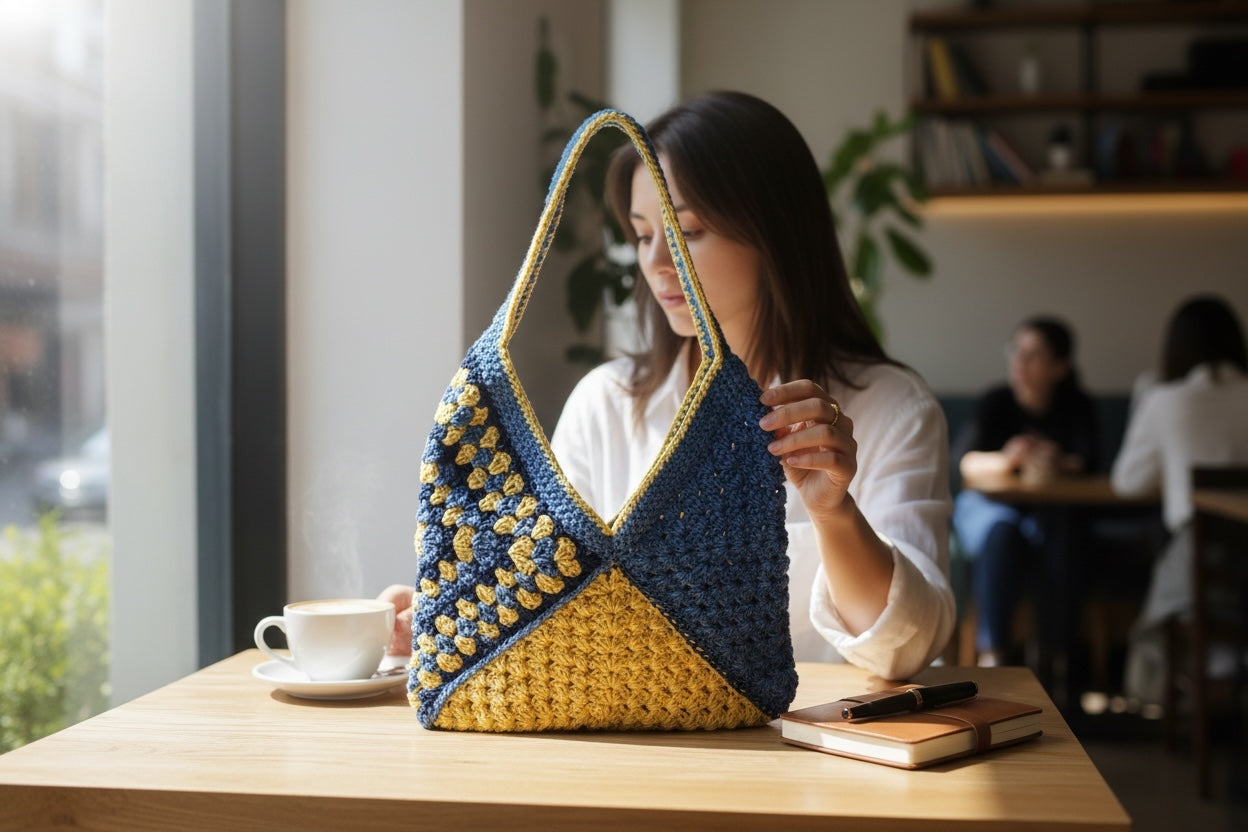 Bolso teejido a crochet estilo granny en dos tonos
