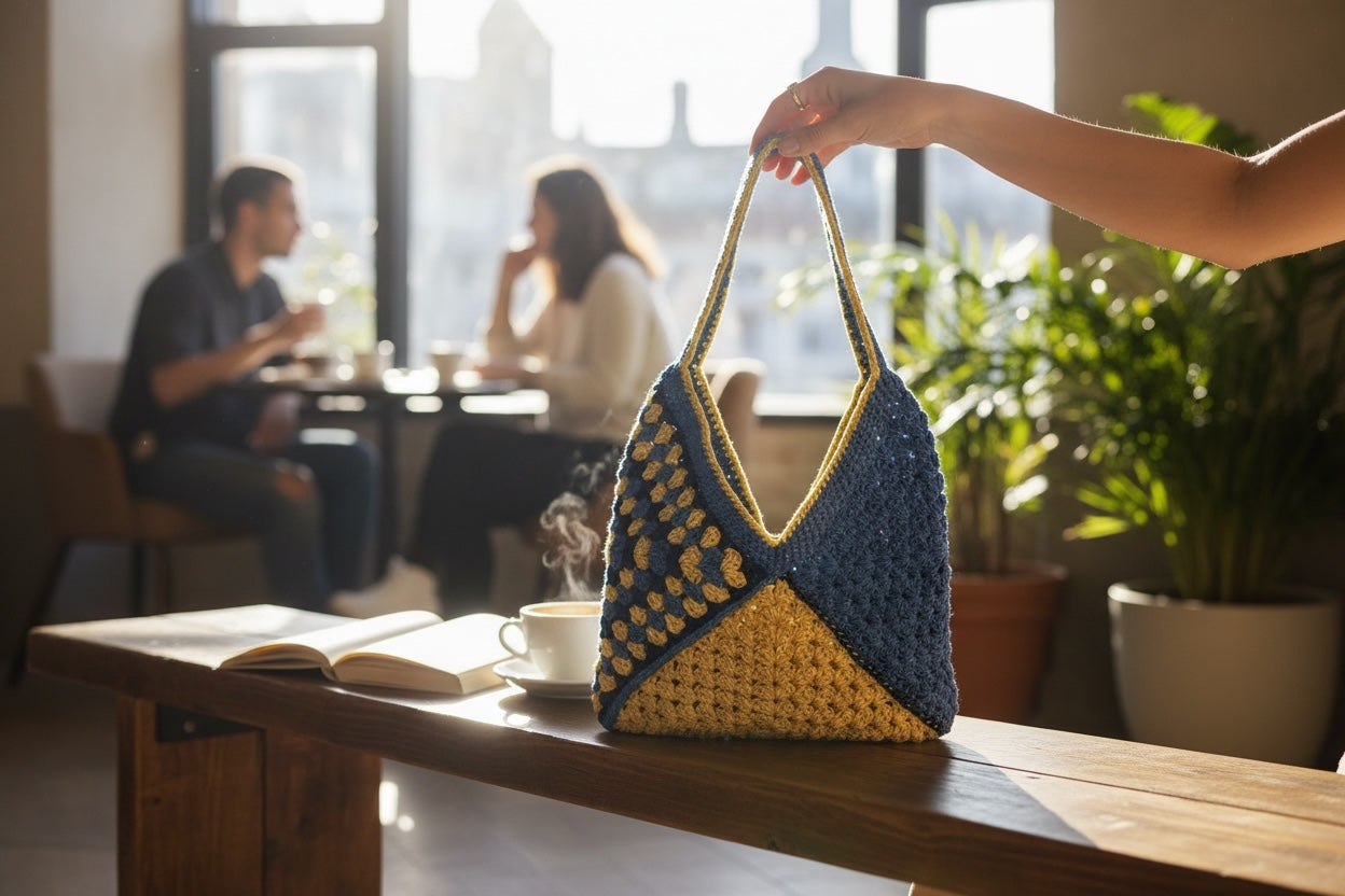 Bolso teejido a crochet estilo granny en dos tonos