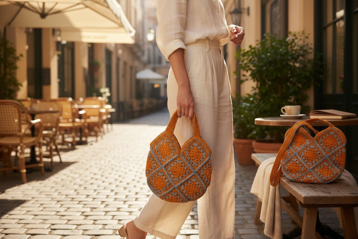 Bolso tejido a crochet estilo granny color naranja y tono claro