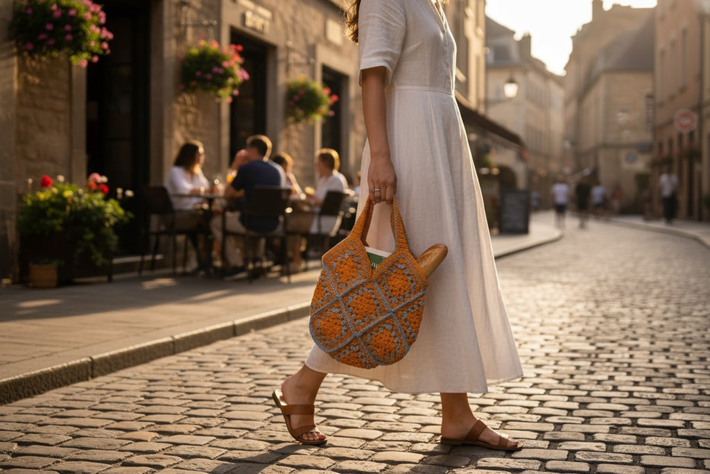 Bolso tejido a crochet estilo granny color naranja y tono claro