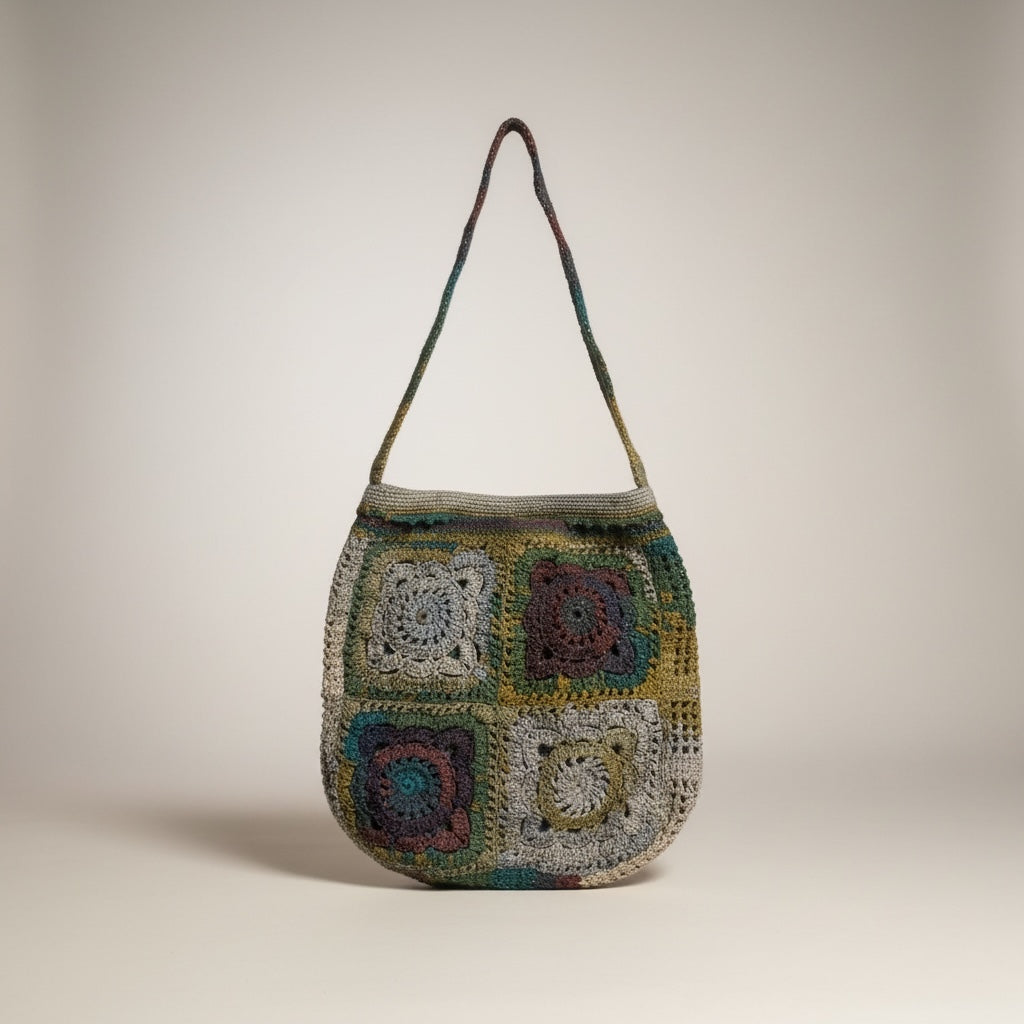 Bolso tejido a crochet estilo granny color variados con un brillo especial estilo bandolera